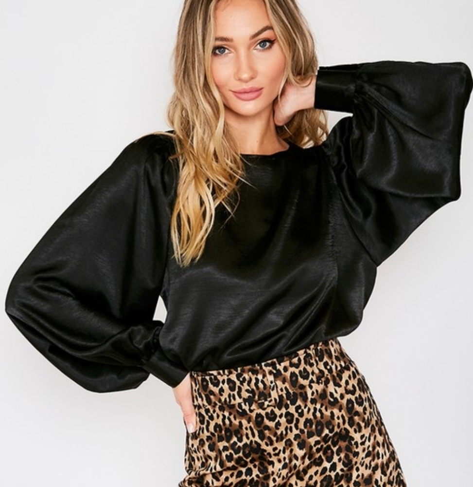 Black, Balloon Sleeve, Satin Sheen,Blouse